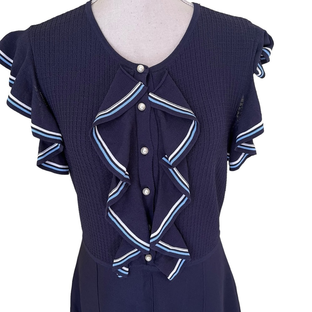 Lela Rose Pearl Navy Blue Ruffle Front Pearl Button Knit Dress L - Picture 2 of 16